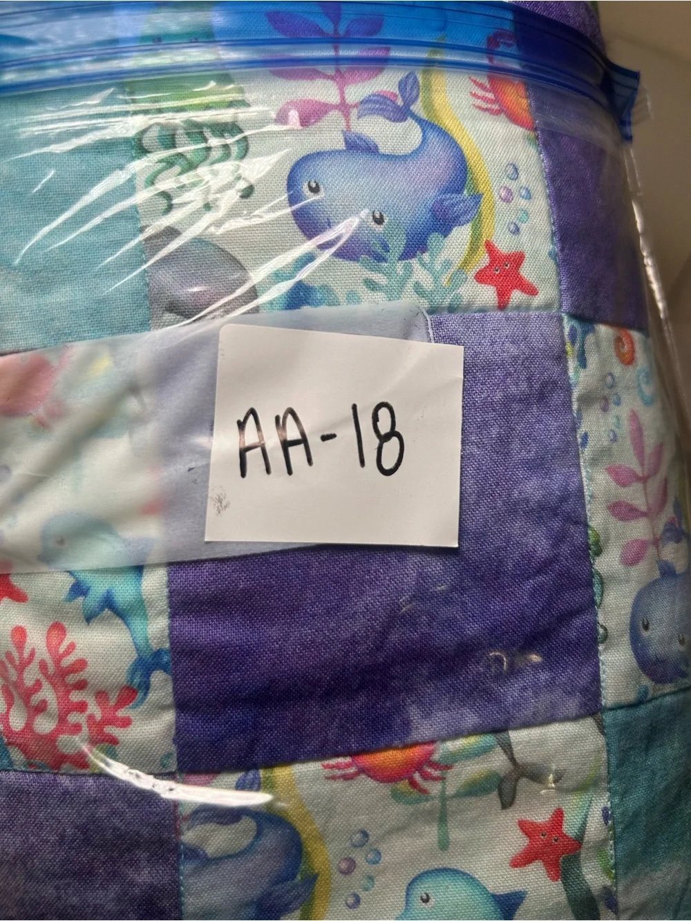 Handmade Patchwork Quilt Seafoam Green & Purple 90s Ocean Animals Waterpaint